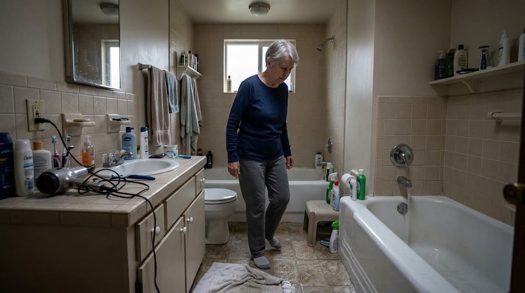 Older woman navigating common bathroom safety hazards