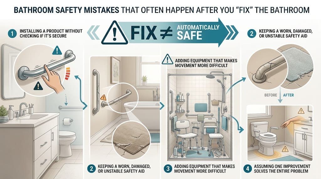 Infographic showing bathroom safety mistakes that can remain after adding safety improvements