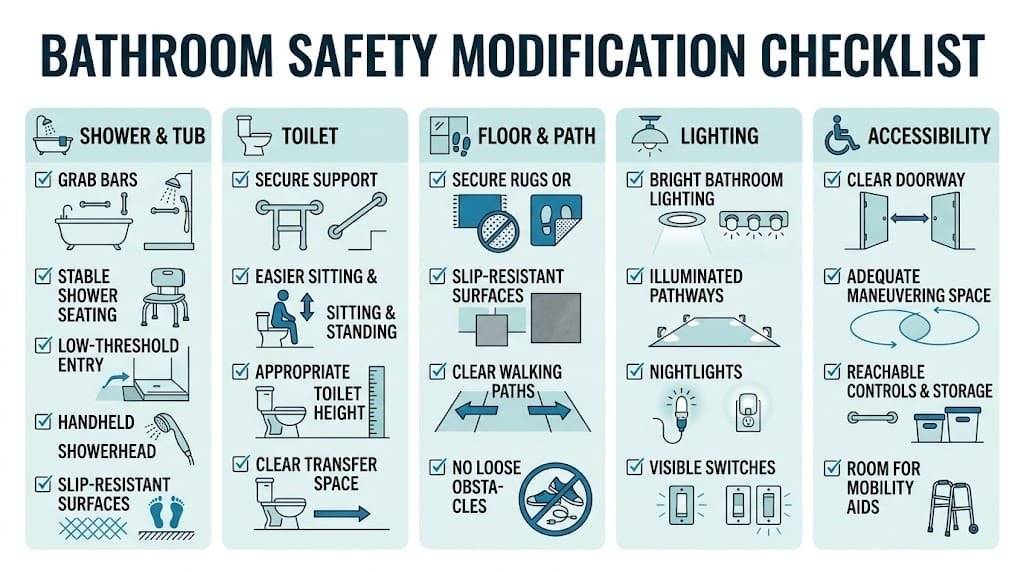 Bathroom safety modification checklist for shower, toilet, flooring, lighting, and accessibility