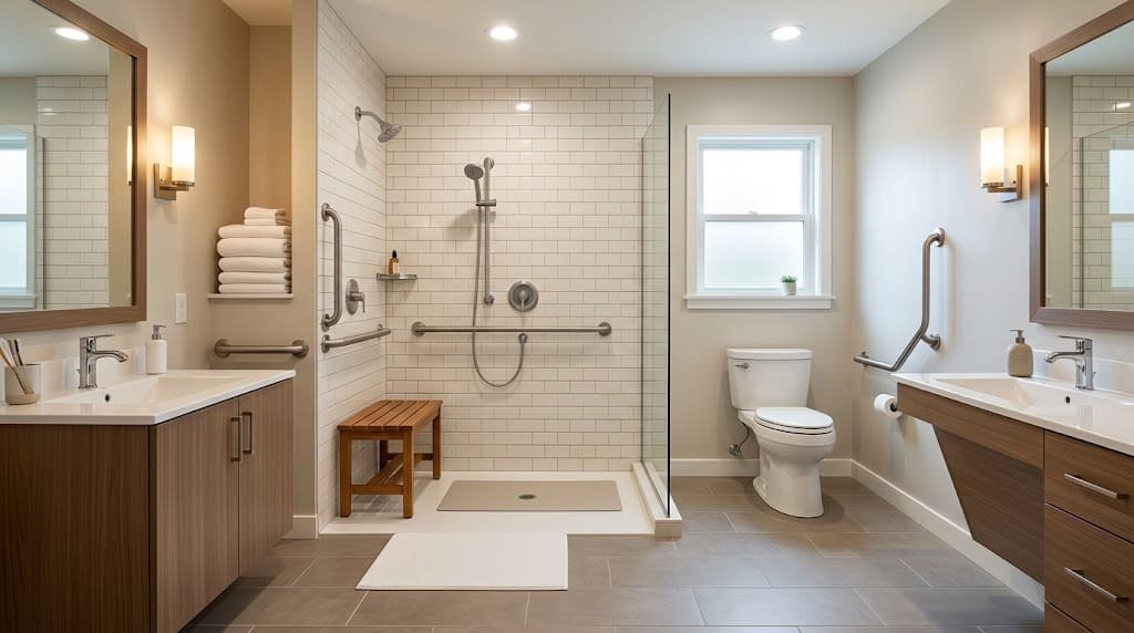 Bathroom with grab bars, shower bench, walk-in shower, and accessible safety features