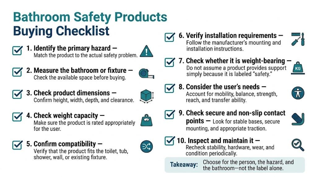 Bathroom safety products buying checklist covering fit, dimensions, weight capacity, compatibility, installation, and stability