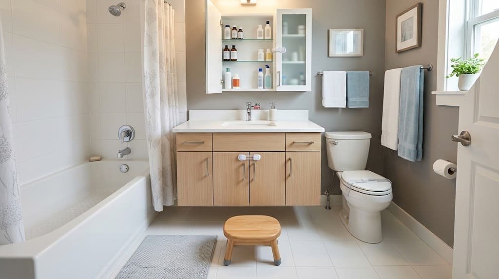 Bathroom safety products for children including a toilet lock, non-slip mat, cabinet latch, and anti-scald faucet