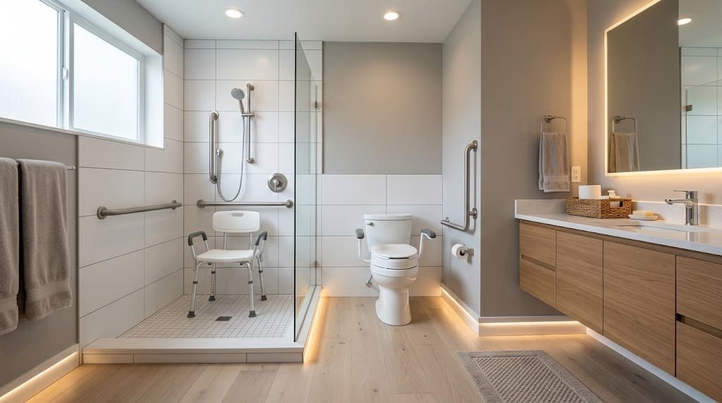 Bathroom safety products for seniors including grab bars, shower chair, raised toilet seat, and non-slip flooring