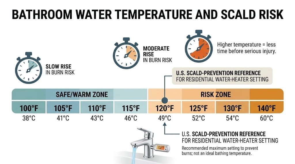 Bathroom water temperature chart showing increasing scald risk as water temperature rises