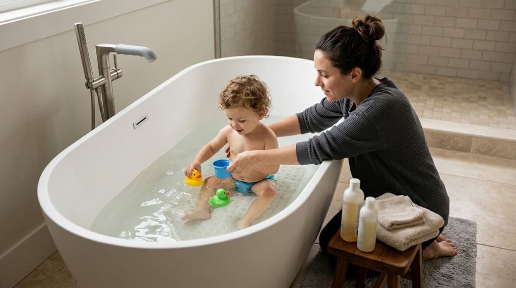 Parent closely supervising a child during safe bathtub bath time