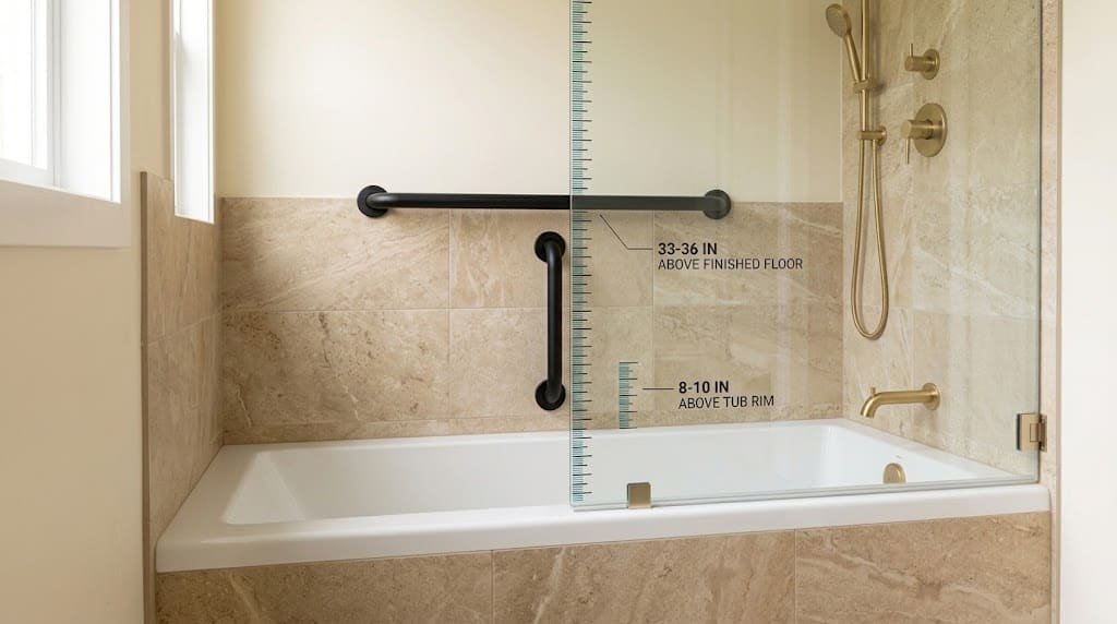 Matte-black grab bars beside a bathtub with measurement scales showing height above the tub rim and finished floor.