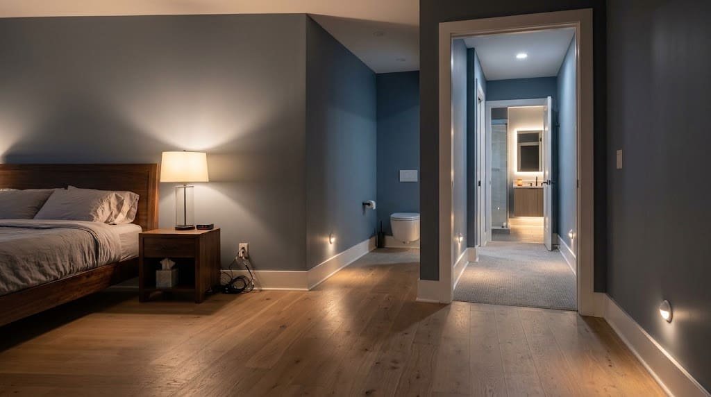Clear bedroom and hallway path leading safely to a bathroom at night