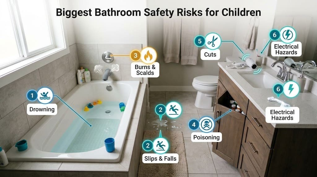 Infographic showing the biggest bathroom safety risks for children