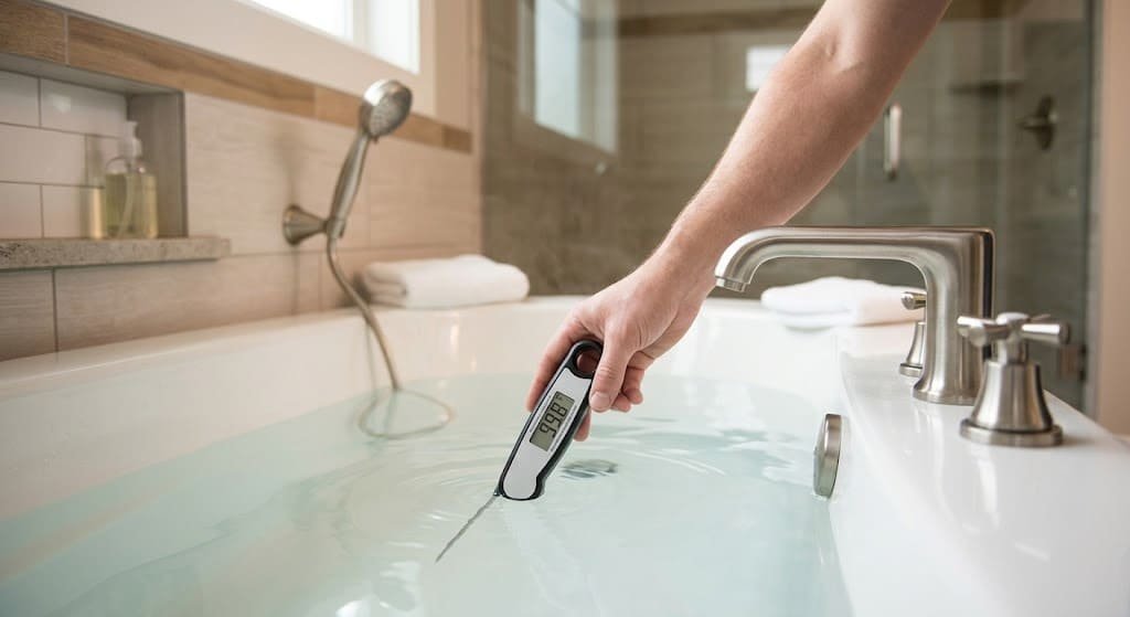 Digital thermometer checking bath water temperature in a bathroom