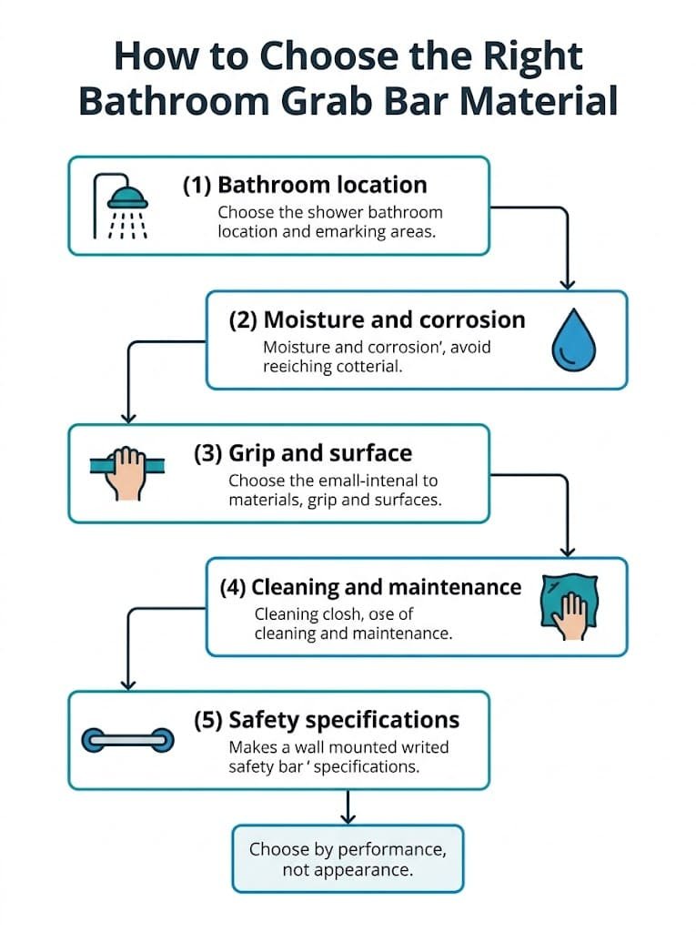 Infographic explaining how to choose bathroom grab bar material based on moisture exposure, grip, maintenance, and safety specifications.