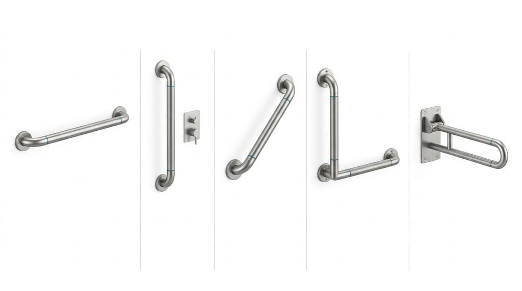 Straight, vertical, angled, L-shaped, and fold-down bathroom grab bar designs