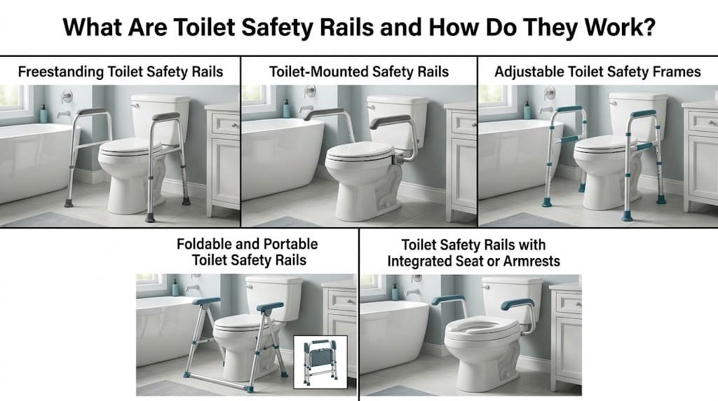 Five types of toilet safety rails, including freestanding, toilet-mounted, adjustable, foldable, and integrated-seat designs