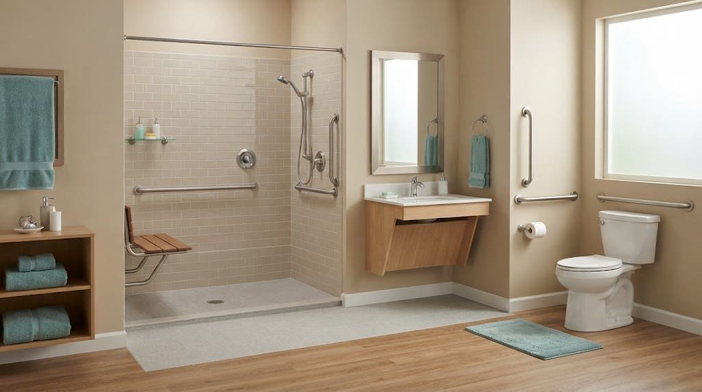 Accessible bathroom featuring a curbless shower, grab bars, shower seat, open sink clearance, and unobstructed flooring.