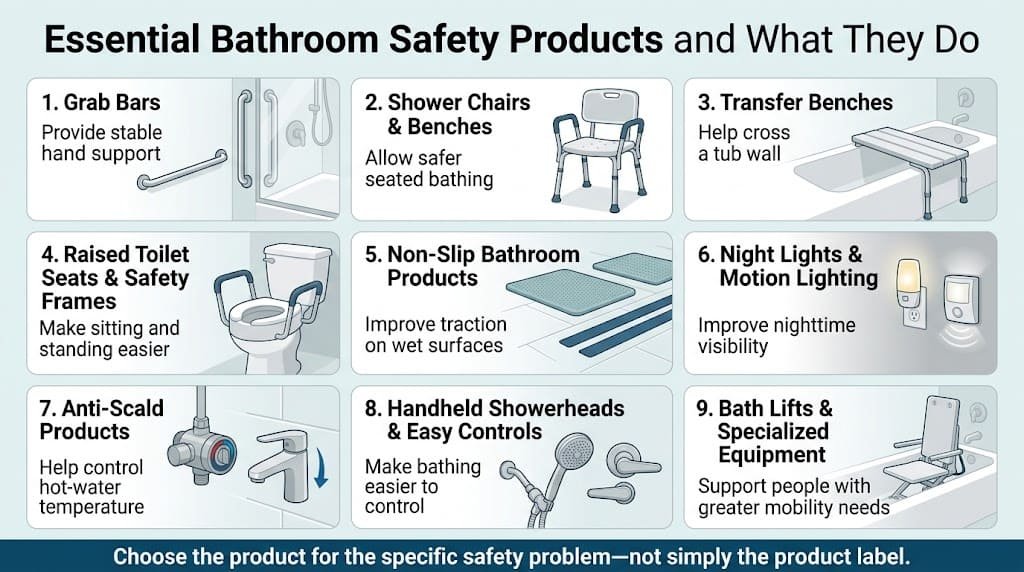 Infographic showing essential bathroom safety products including grab bars, shower chairs, raised toilet seats, non-slip products, and night lights