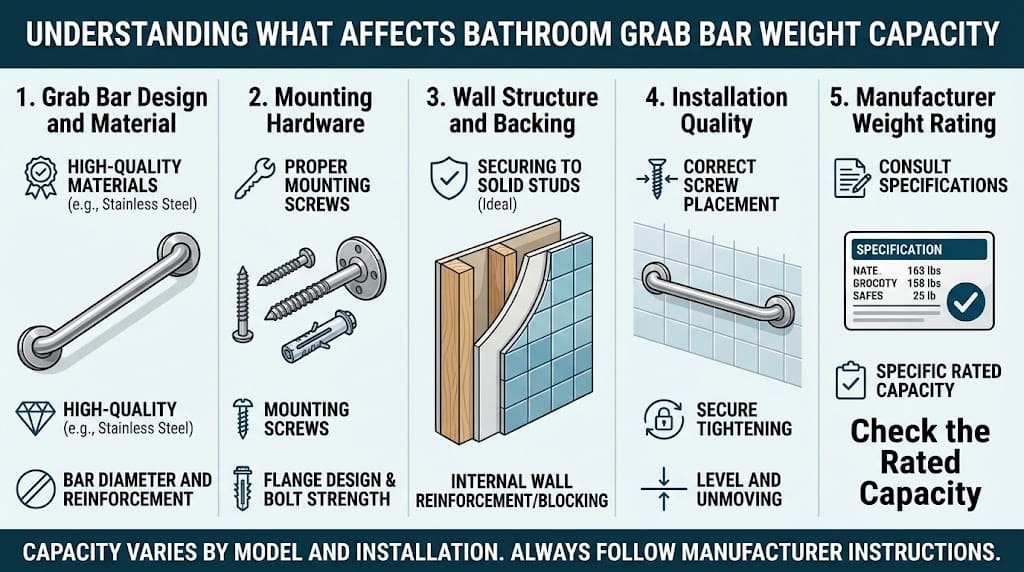 Infographic showing how grab bar design, mounting hardware, wall backing, installation quality, and manufacturer ratings affect bathroom grab bar weight capacity.