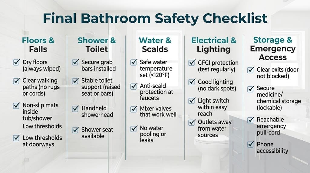 Final bathroom safety checklist covering floors, shower, toilet, water temperature, electrical safety, lighting, storage, and emergency access