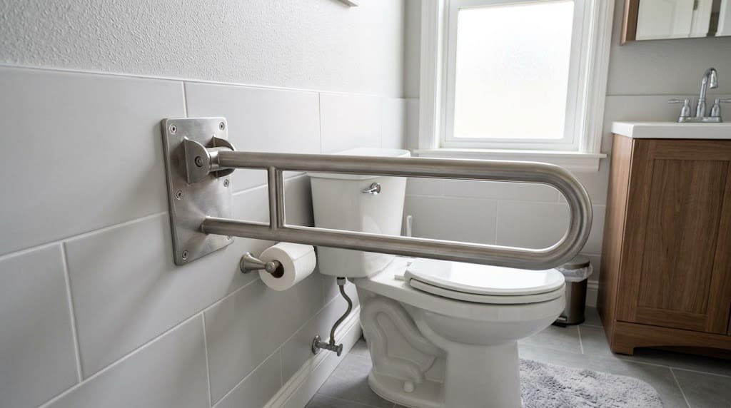 Fold-down grab bar mounted beside a toilet in an accessible bathroom