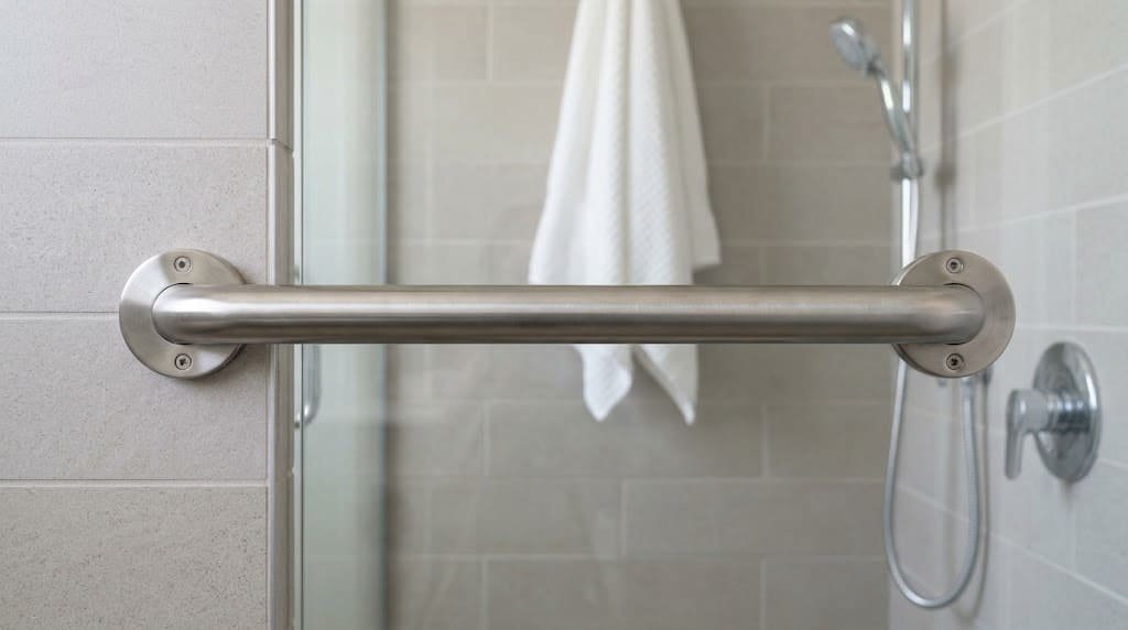 Horizontal stainless steel grab bar mounted on a tiled shower wall