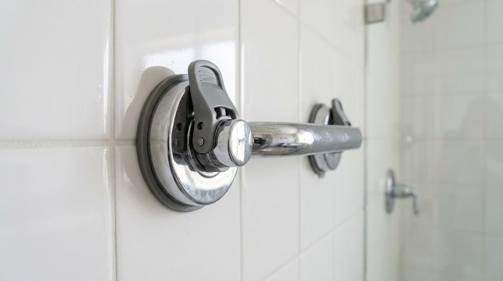 Suction-cup grab bar attached to smooth white shower tiles with locking suction pads