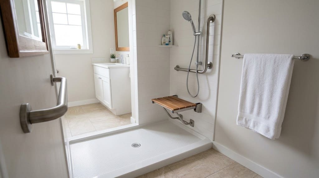 Walk-in shower with a grab bar, shower seat, handheld showerhead, and non-slip floor for safer bathing.