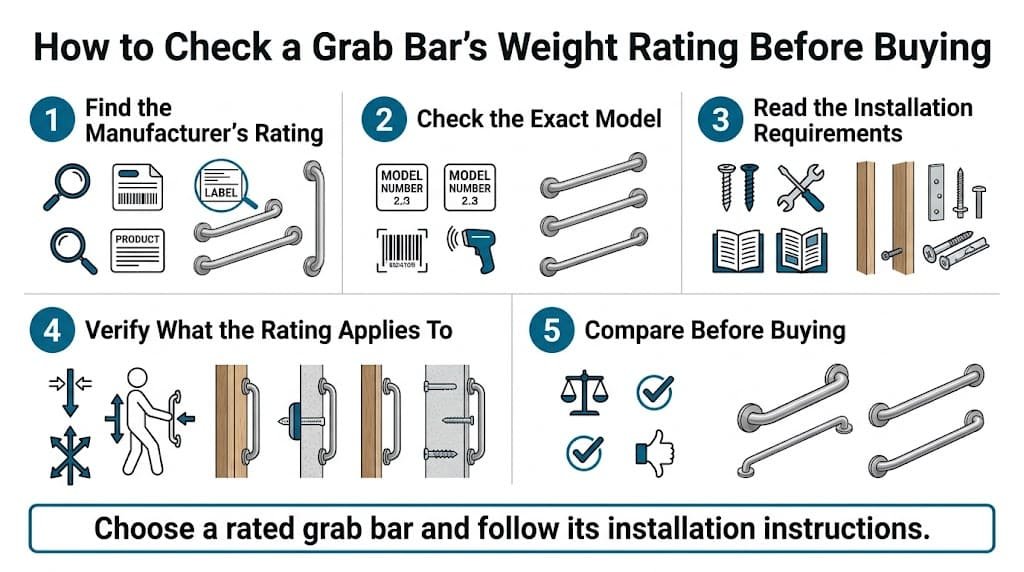 Infographic showing how to check a bathroom grab bar's weight rating, model specifications, and installation requirements before buying.
