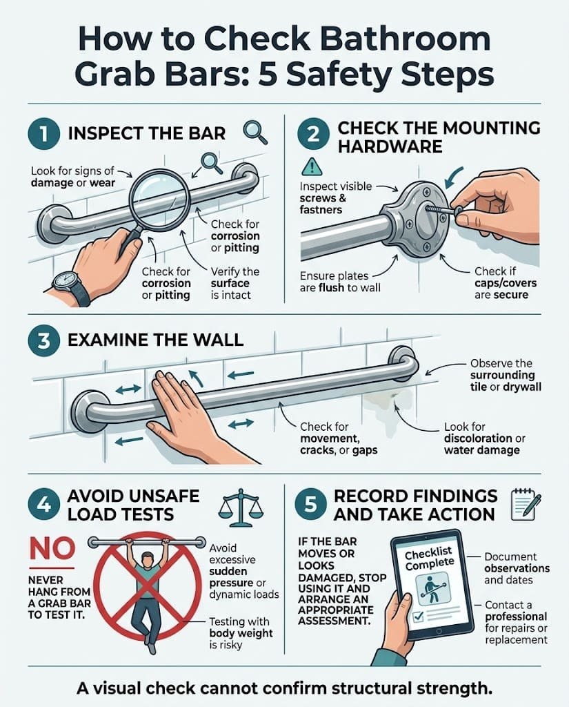 Infographic showing five steps for checking bathroom grab bars, including the bar surface, mounting hardware, surrounding wall, and safety precautions.