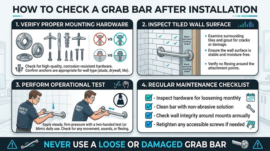 Infographic showing four checks for a bathroom grab bar after installation, including hardware, wall condition, stability, and maintenance