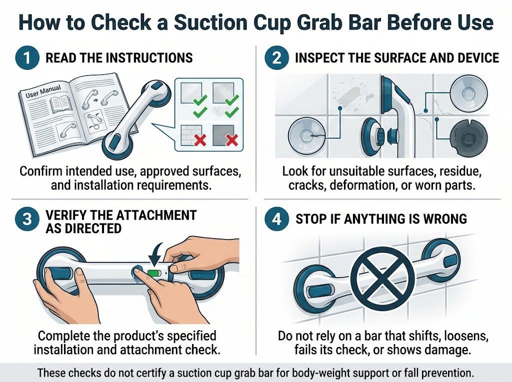 Four-step infographic for checking a suction cup grab bar by reading instructions, inspecting the surface and device, verifying attachment, and stopping if problems appear