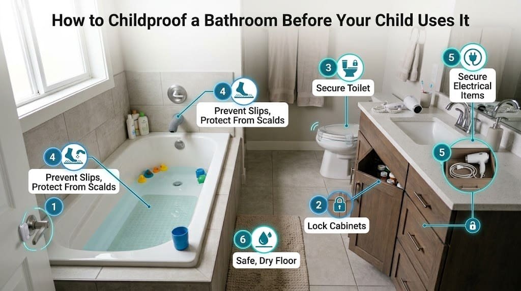 Infographic showing how to childproof a bathroom for children