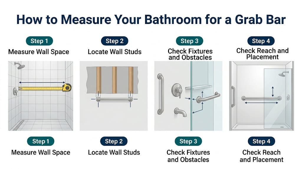 Infographic showing four steps for measuring bathroom wall space, locating studs, checking obstacles, and planning grab bar placement.