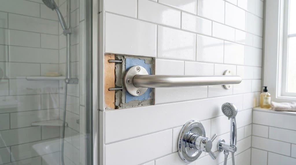 Wall-mounted stainless-steel grab bar secured to shower tile with mounting flanges and screws