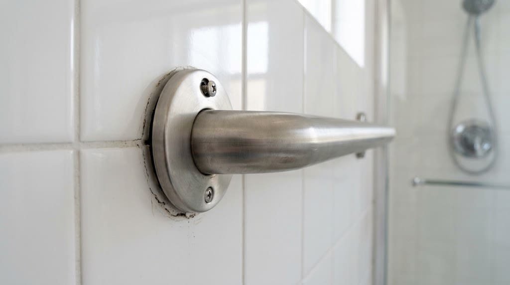 Bathroom grab bar pulling away from a tiled shower wall at the mounting flange.