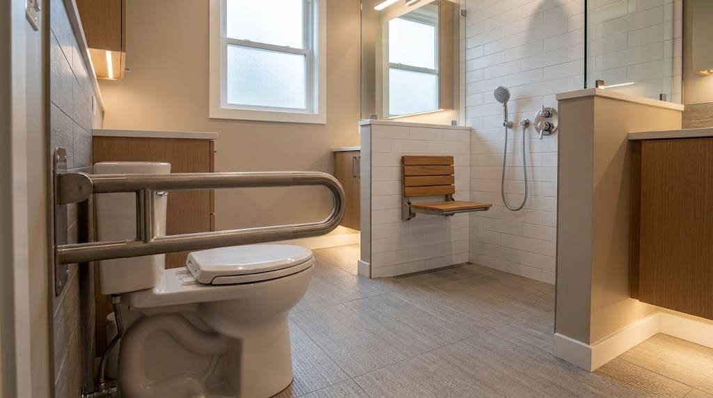Bathroom showing useful safety modifications including grab bars, shower seat, safe flooring, and handheld showerhead
