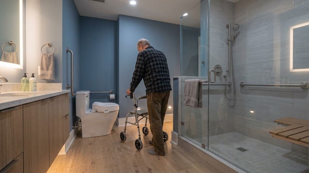 Older adult using a walker in an accessible bathroom at night