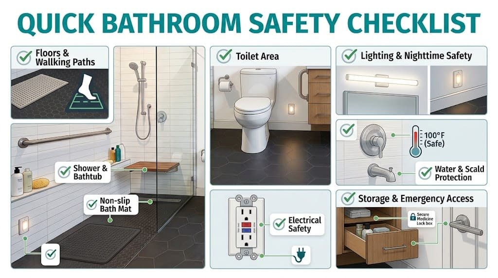 Quick bathroom safety checklist infographic covering floors, shower, toilet, lighting, water temperature, electrical safety, and storage