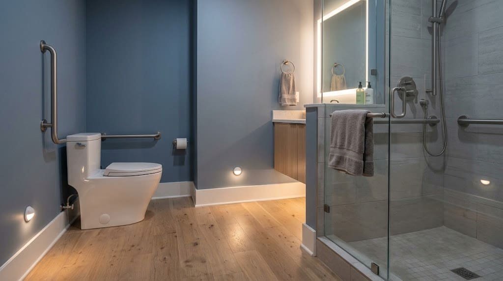 Dry bathroom floor and stable grab bars prepared for safer nighttime use