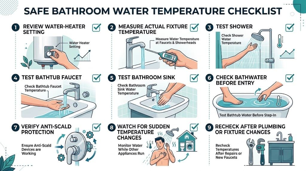 Safe bathroom water temperature checklist for checking faucets, shower, bathtub, and water heater