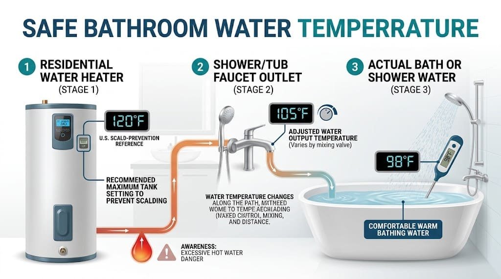 Safe bathroom water temperature guide showing water heater, fixture outlet, and bathing water temperature