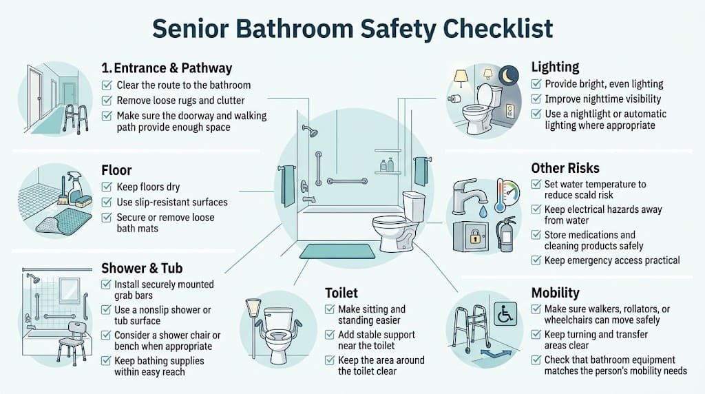 Senior bathroom safety checklist covering floors, shower, toilet, lighting, and mobility
