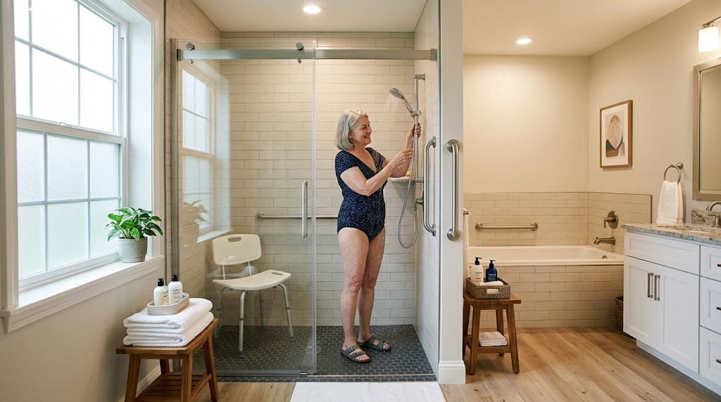 Senior woman using a safe walk-in shower with grab bars and shower chair