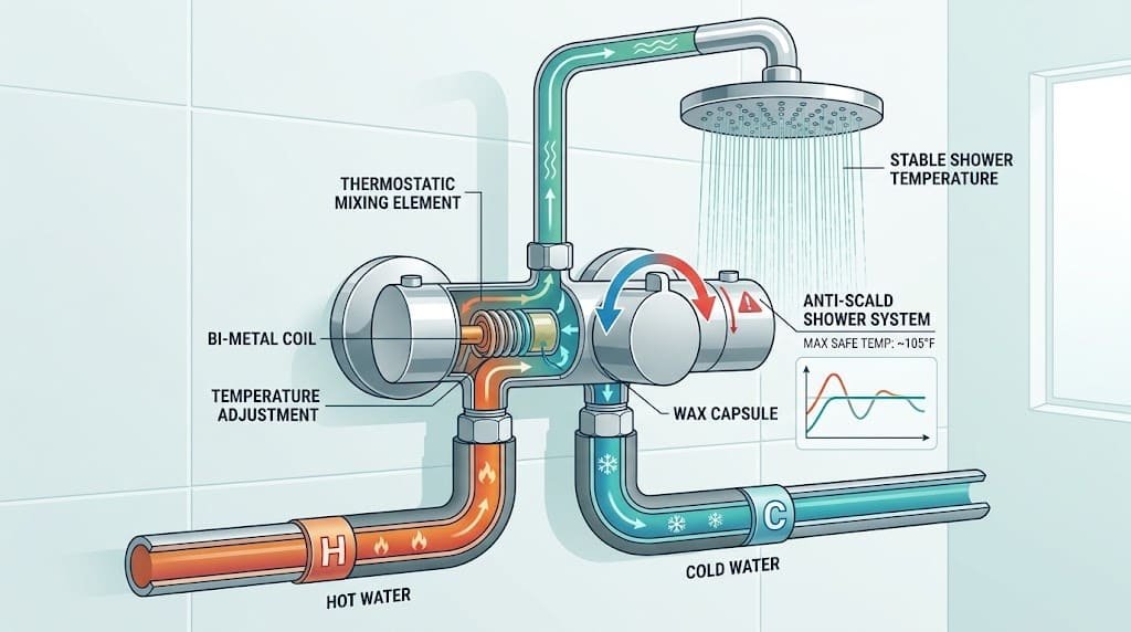 Shower anti-scald valve controlling hot and cold water temperature