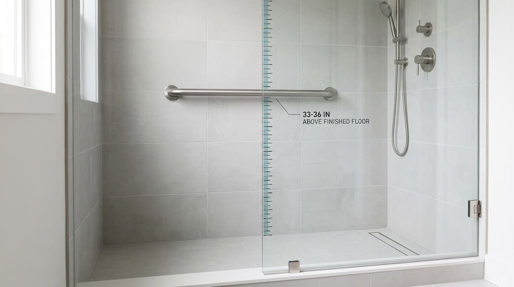 Horizontal grab bar inside a tiled walk-in shower with a vertical scale showing its height above the shower floor.
