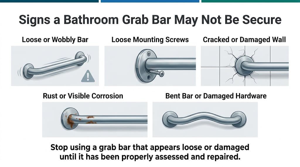 Infographic showing five warning signs of an insecure bathroom grab bar, including loose screws, wall cracks, rust, a wobbly bar, and damaged hardware.