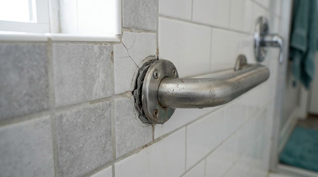 Unsafe bathroom grab bar with a displaced mounting plate, cracked tile, and signs of metal corrosion.