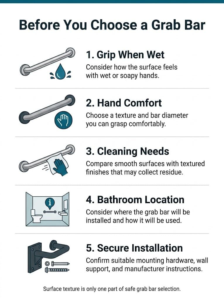 Checklist for choosing smooth or textured grab bars based on wet grip, comfort, cleaning, bathroom location, and installation