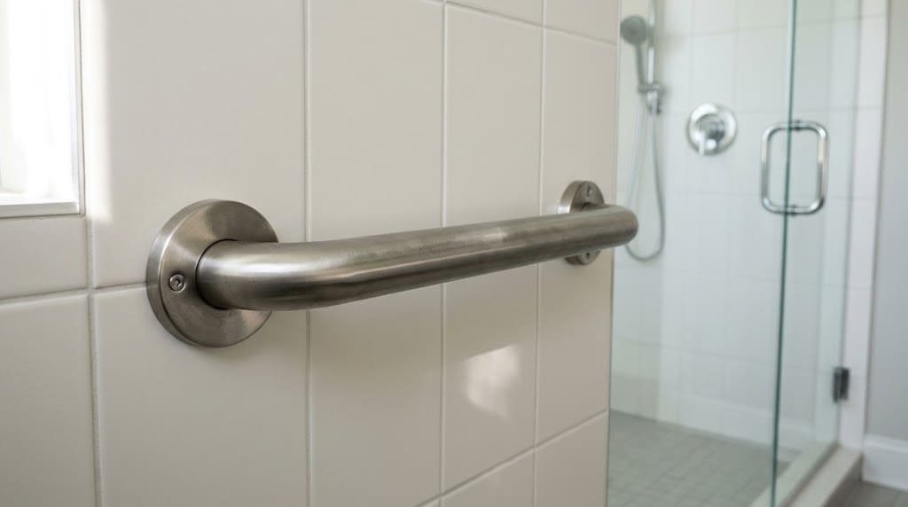 Brushed stainless steel bathroom grab bar mounted on a tiled shower wall in a modern bathroom.