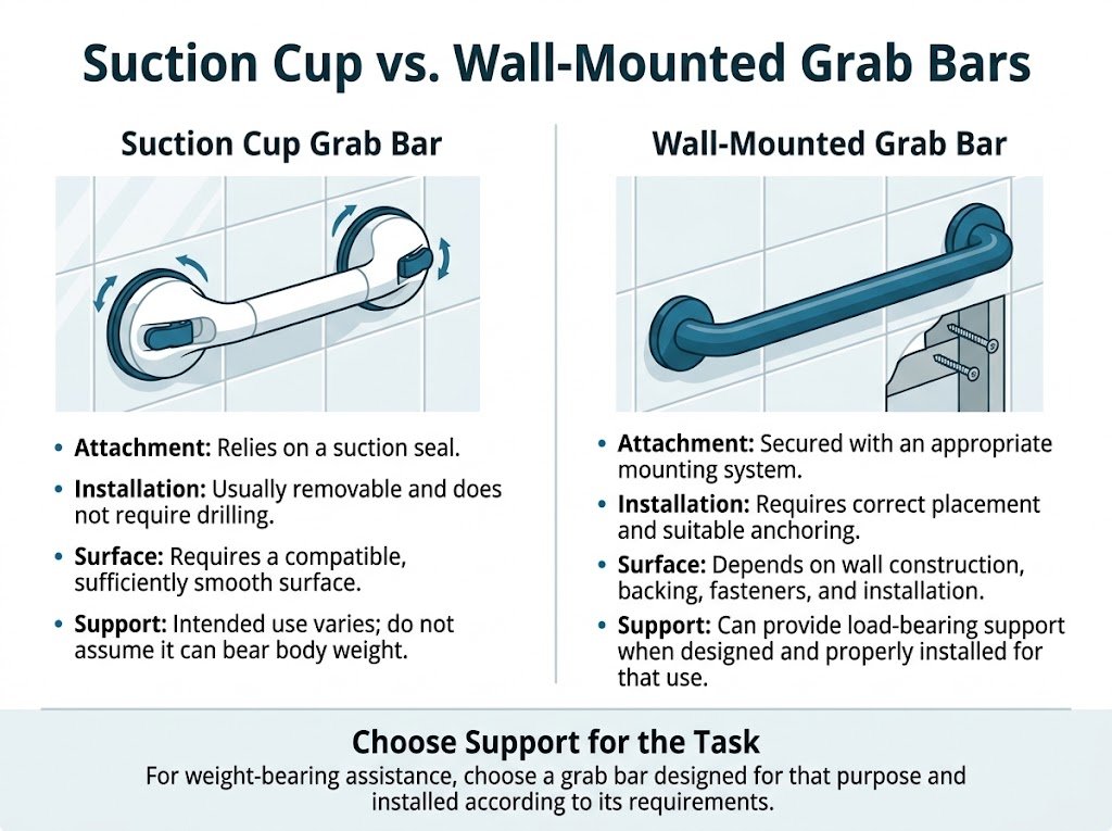 Infographic comparing suction cup and wall-mounted bathroom grab bars by attachment method, installation, surface requirements, and weight-bearing use