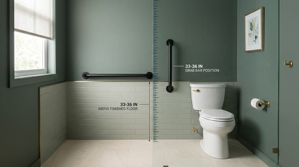 Horizontal grab bar beside a toilet seat with a vertical scale showing height above the finished floor.