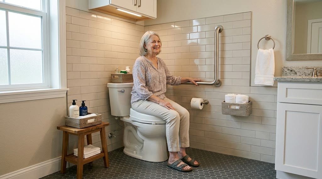Senior woman using a toilet with a grab bar and raised toilet seat