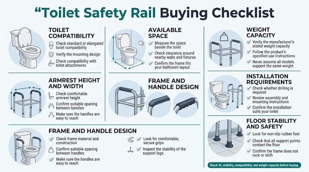 Infographic checklist showing seven things to check before buying toilet safety rails, including toilet compatibility, measurements, armrest dimensions, weight capacity, materials, installation, and stability